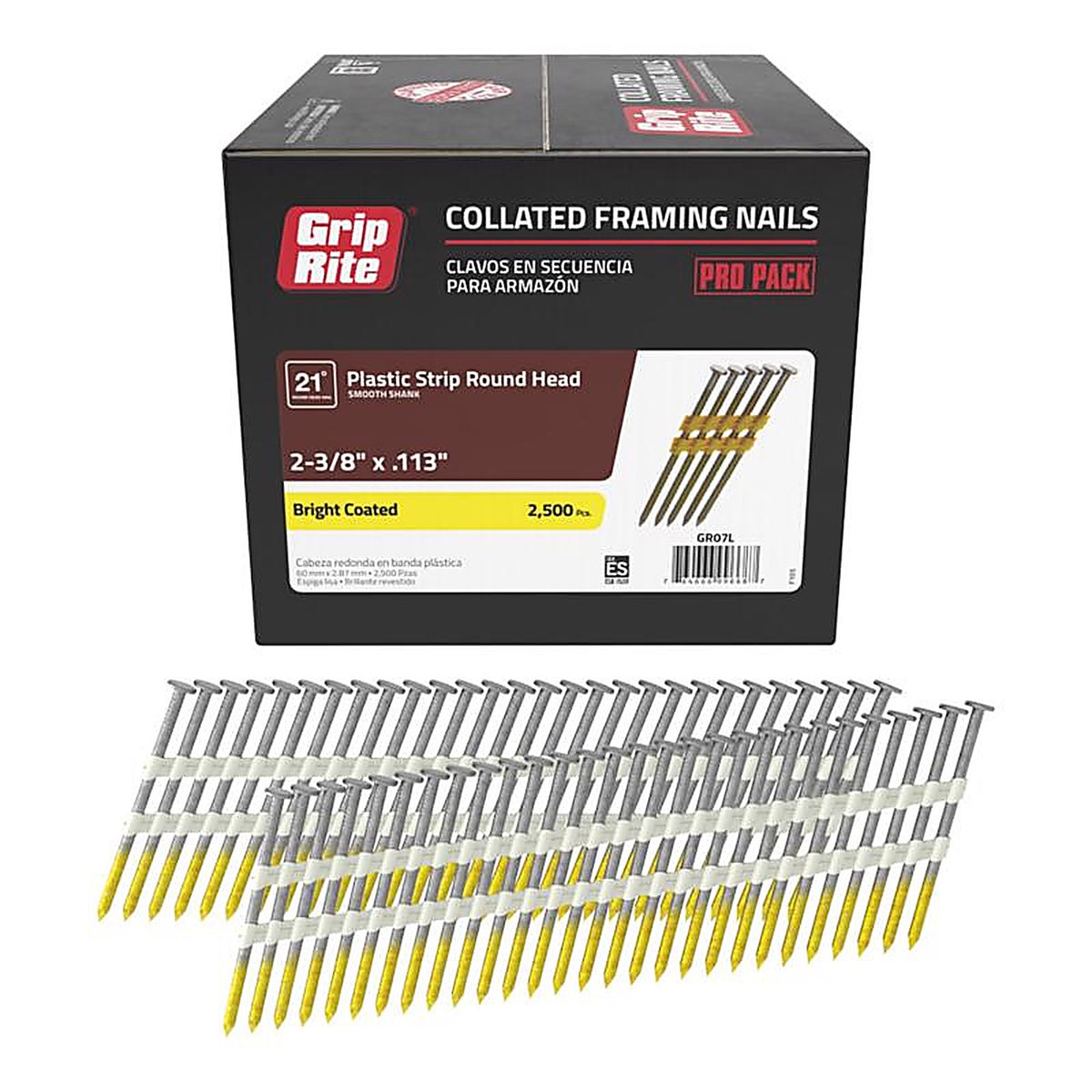 Grip-Rite GR07L 2-3/8 in. 12 Ga. Angled Strip Framing Nails 21 deg. Smooth Shank 2500/Pack