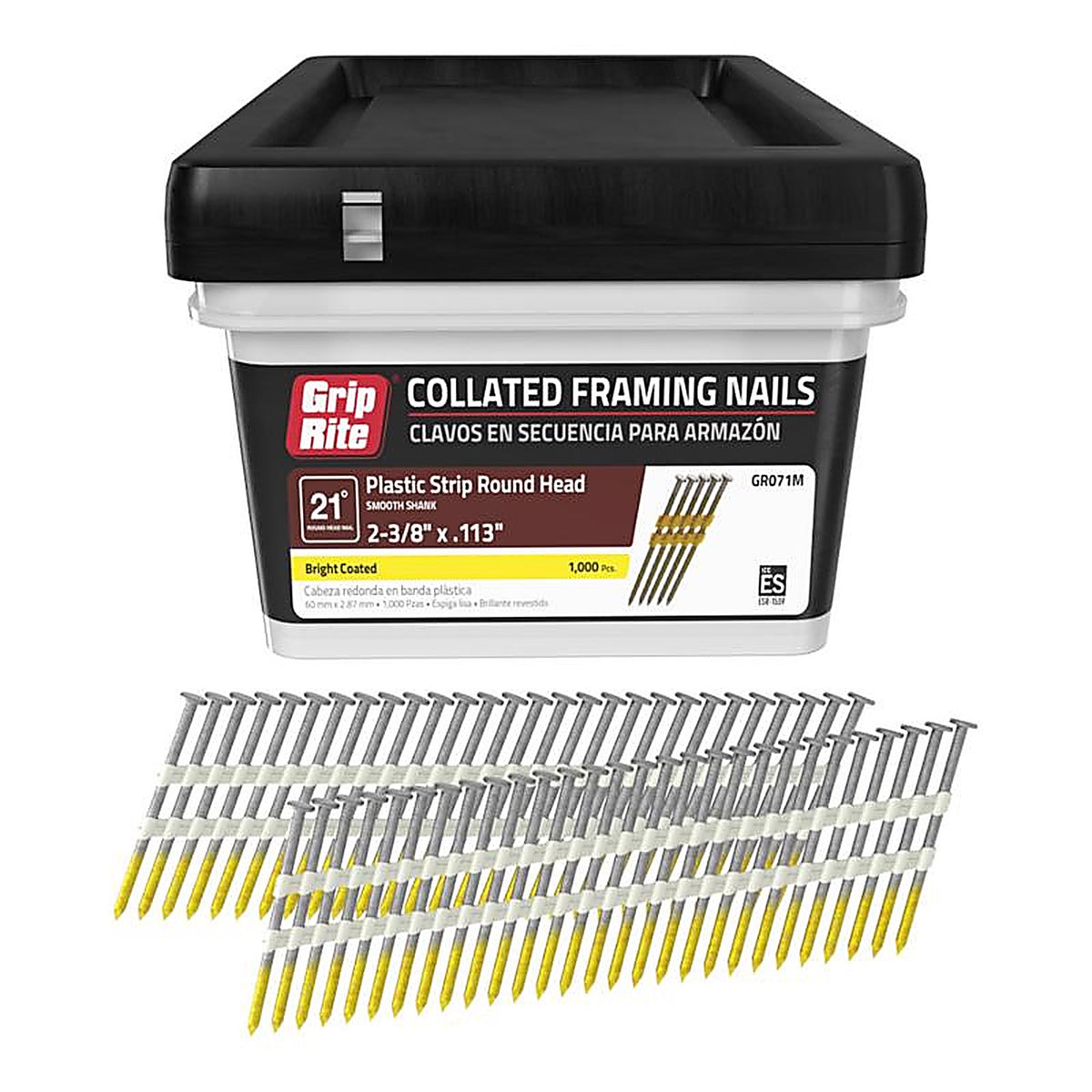 Grip-Rite GR071M 2-3/8 in. 12 Ga. Angled Strip Framing Nails 21 deg. Smooth Shank 1000/Pack