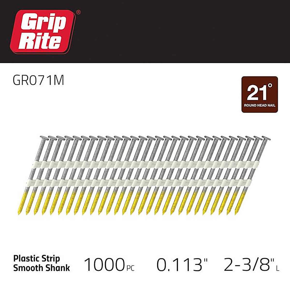Grip-Rite GR071M 2-3/8 in. 12 Ga. Angled Strip Framing Nails 21 deg. Smooth Shank 1000/Pack
