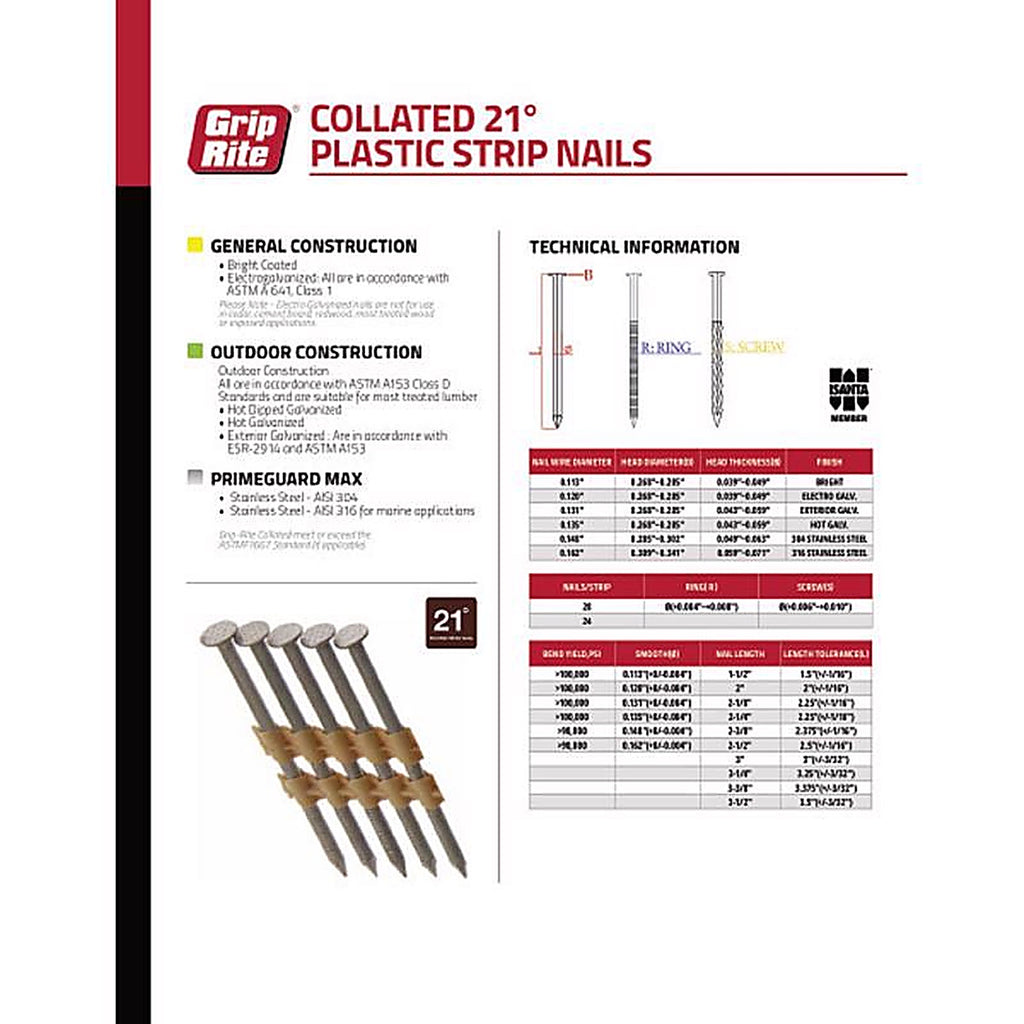 Grip-Rite GR3011M 3 in. 11 Ga. Angled Strip Framing Nails 21 deg. Smooth Shank 1000/Pack