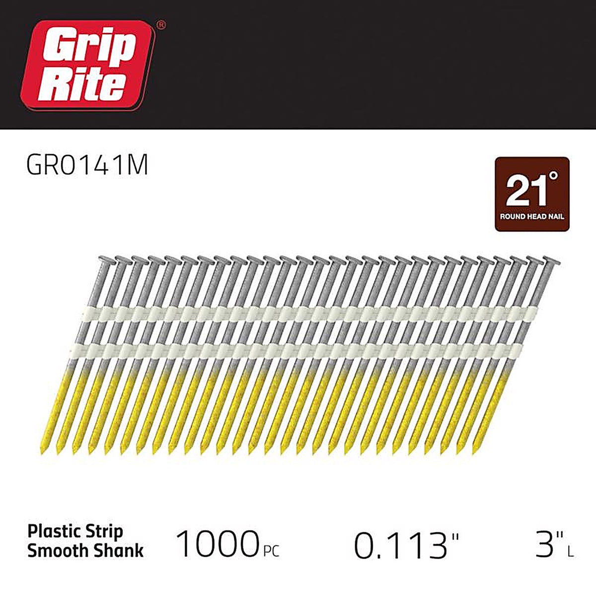 Grip-Rite GR0141M 3 in. 10 Ga. Angled Strip Framing Nails 21 deg. Smooth Shank 1000/Pack