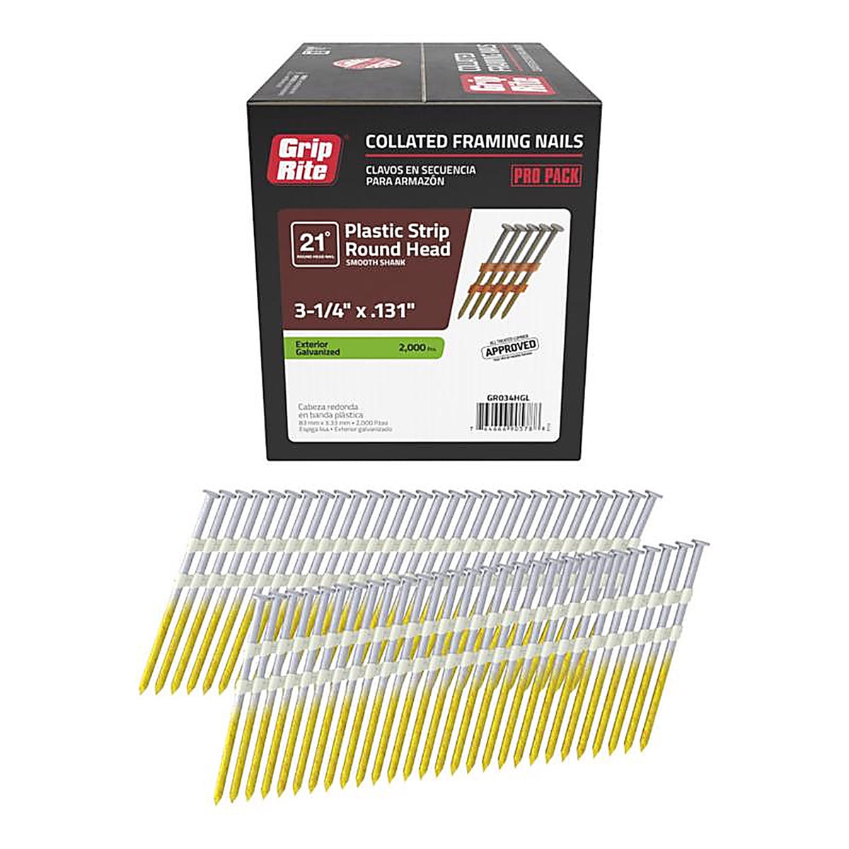 Grip-Rite GR034HGL 3-3/4 in. 10 Ga. Angled Strip Framing Nails 21 deg. Smooth Shank 2000/Pack