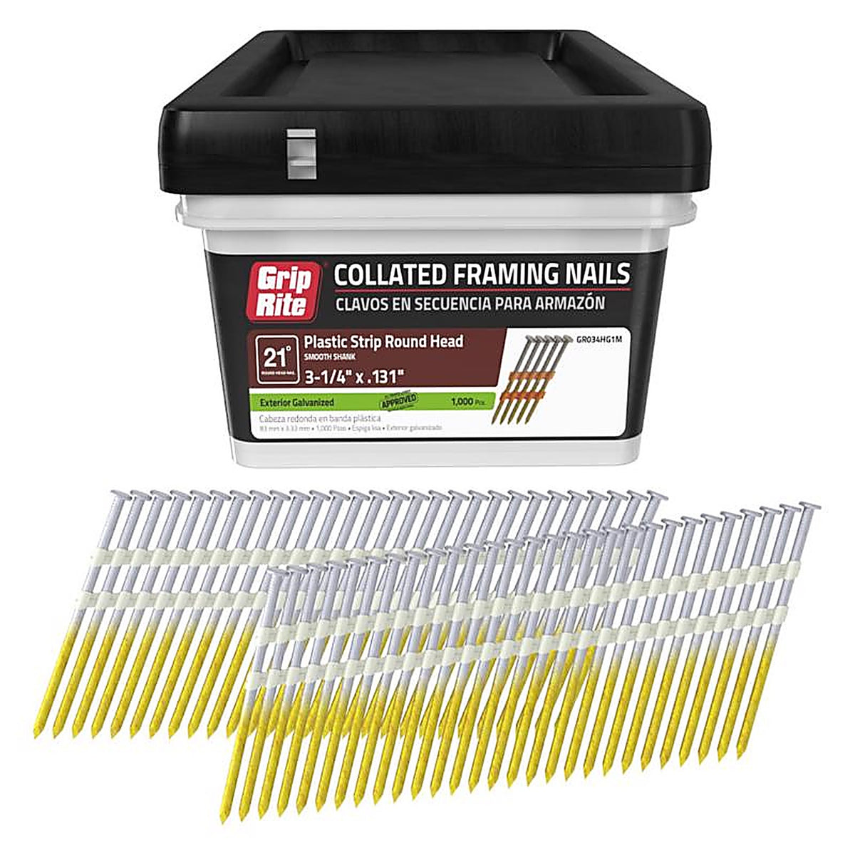 Grip-Rite GR034HG1M 3-1/4 in. 10 Ga. Angled Strip Framing Nails 21 deg. Smooth Shank 1000/Pack