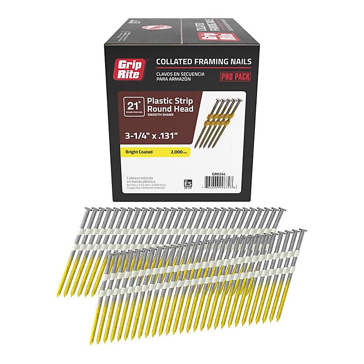 Grip-Rite GR024L 3-1/4 in. 10-1/4 Ga. Angled Strip Framing Nails 21 deg. Smooth Shank 2000/Pack