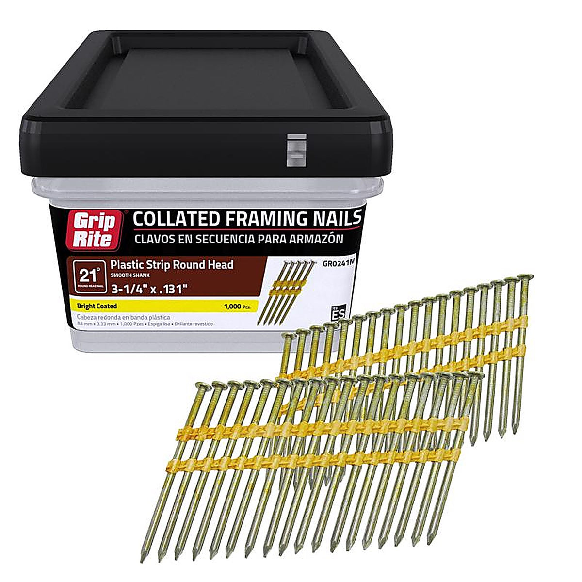 Grip-Rite GR0241M 3-1/4 in. 10-1/4 Ga. Angled Strip Framing Nails 21 deg. Smooth Shank 1000/Pack