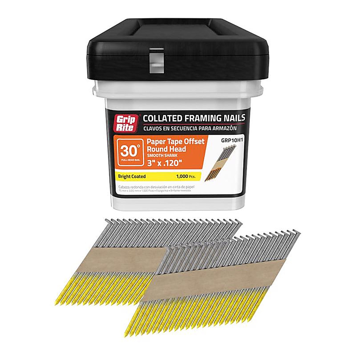 Grip-Rite GRP10H1 3 in. 11 Ga. Angled Strip Framing Nails 30 deg. Smooth Shank 1000/Pack