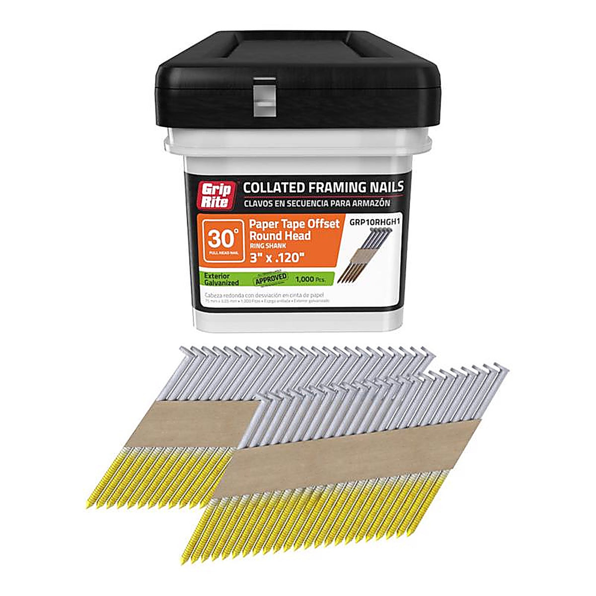 Grip-Rite GRP10RHGH1 3 in. 11 Ga. Angled Strip Framing Nails 30 deg. Ring Shank 1000/Pack