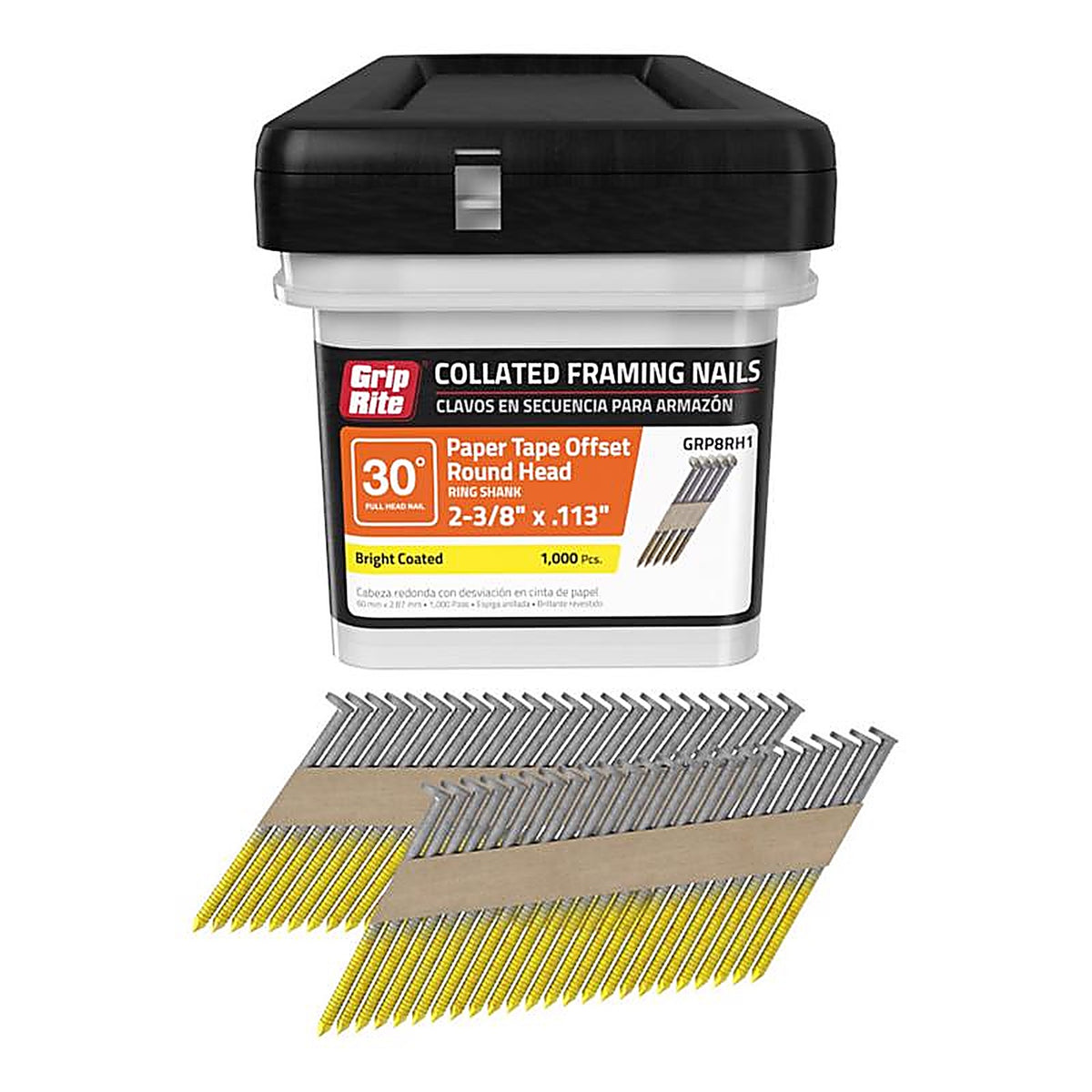Grip-Rite GRP8RH1 2-3/8 in. 12 Ga. Angled Strip Framing Nails 30 deg. Ring Shank 1000/Pack