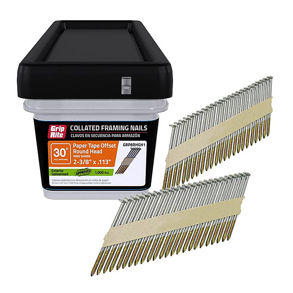 Grip-Rite GRP8RHGH1 2-3/8 in. 12 Ga. Angled Strip Framing Nails 30 deg. Ring Shank 1000/Pack