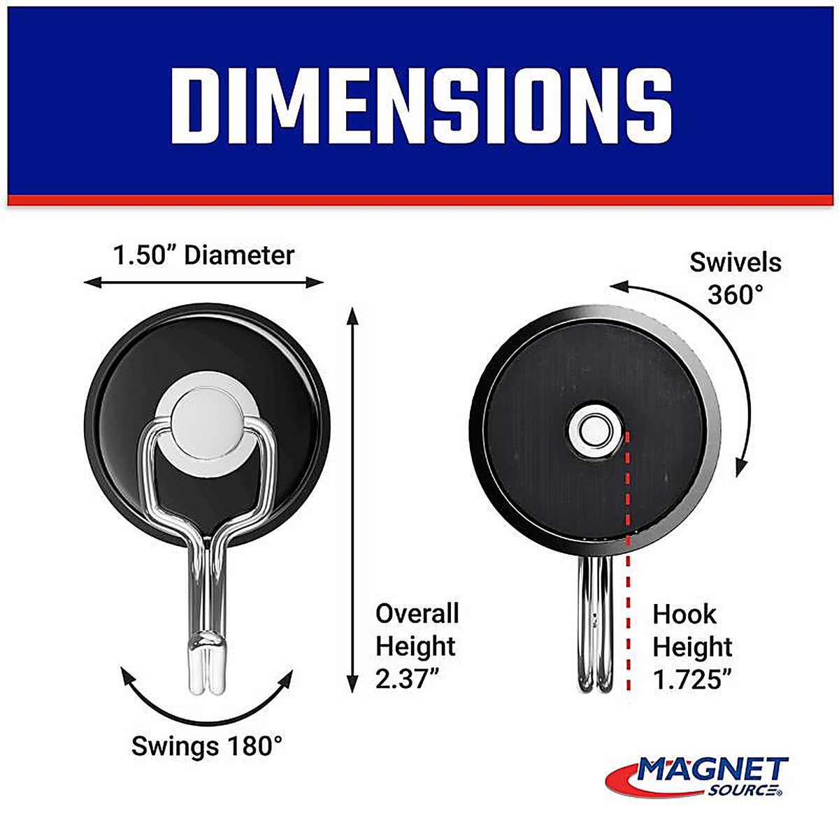 Master Magnetics 7580 .29 in. Neodymium Rotating Magnetic Hook 65 lb. pull 35 MGOe Black 1/pc.