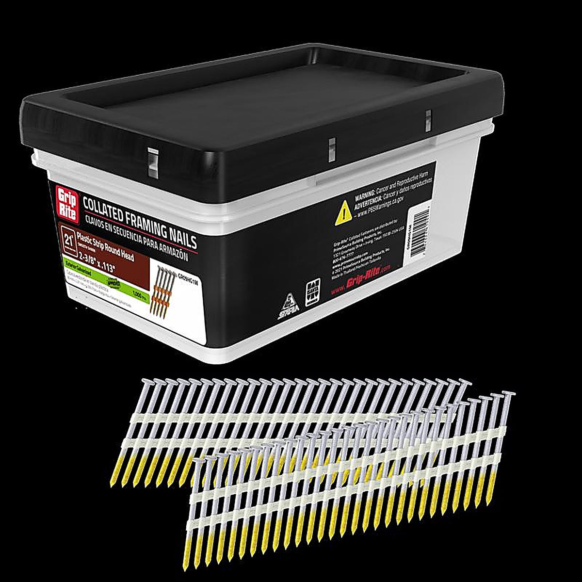 Grip-Rite GR09HG1M 2-3/8 in. 11-1/2 Ga. Angled Strip Framing Nails 21 deg. Smooth Shank 1000/Pack