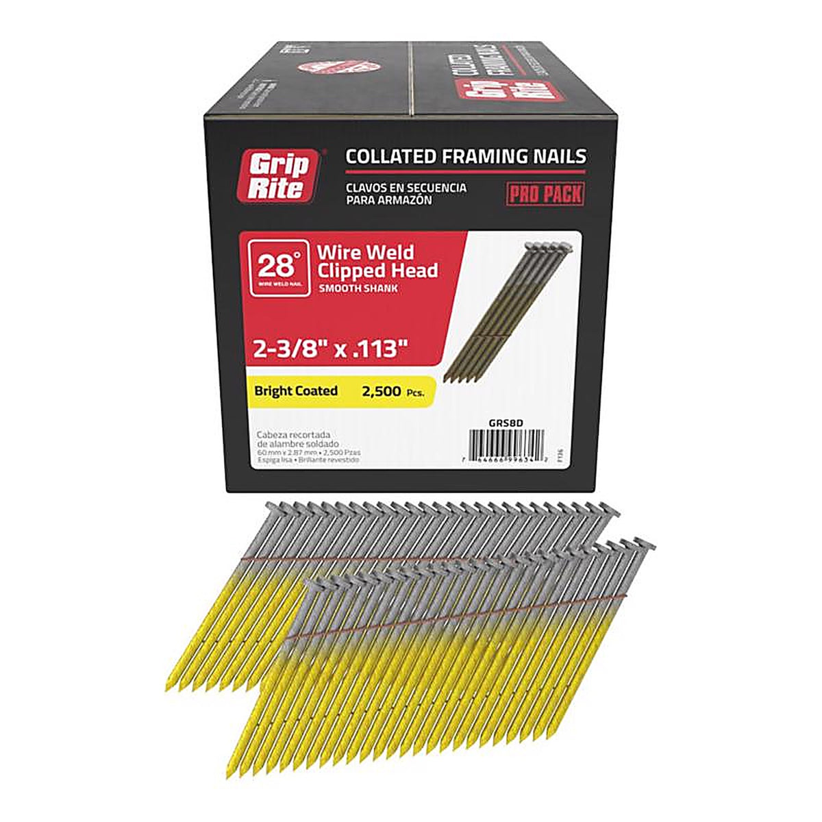 Grip-Rite GRS8D 2-3/8 in. 11-1/2 Ga. Angled Strip Framing Nails 28 deg. Smooth Shank 2500/Pack