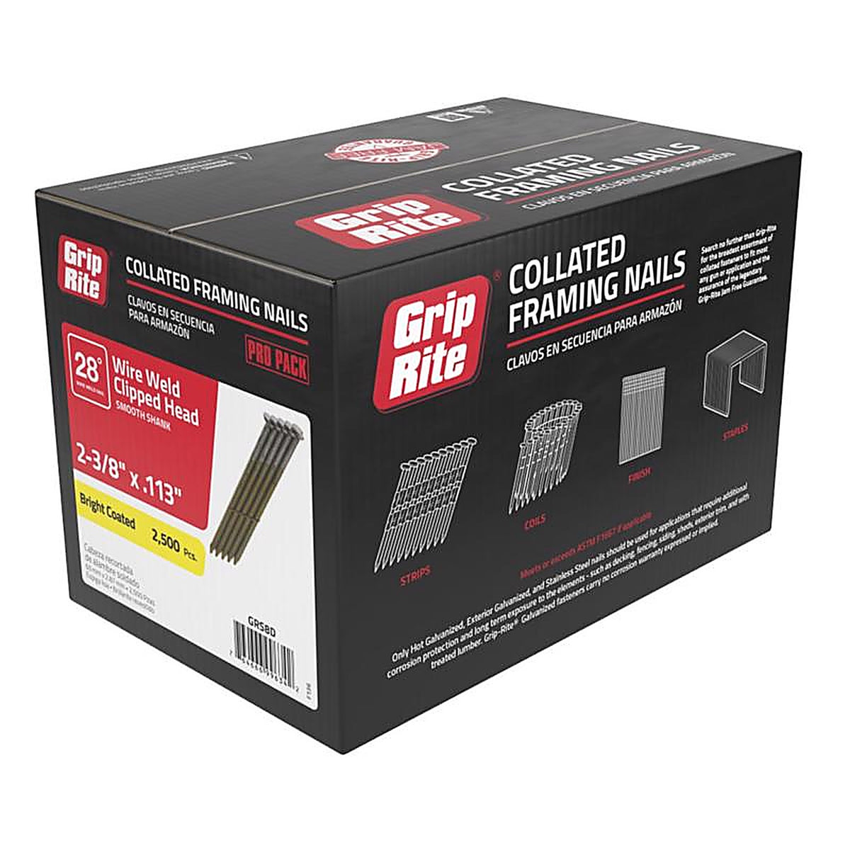 Grip-Rite GRS8D 2-3/8 in. 11-1/2 Ga. Angled Strip Framing Nails 28 deg. Smooth Shank 2500/Pack