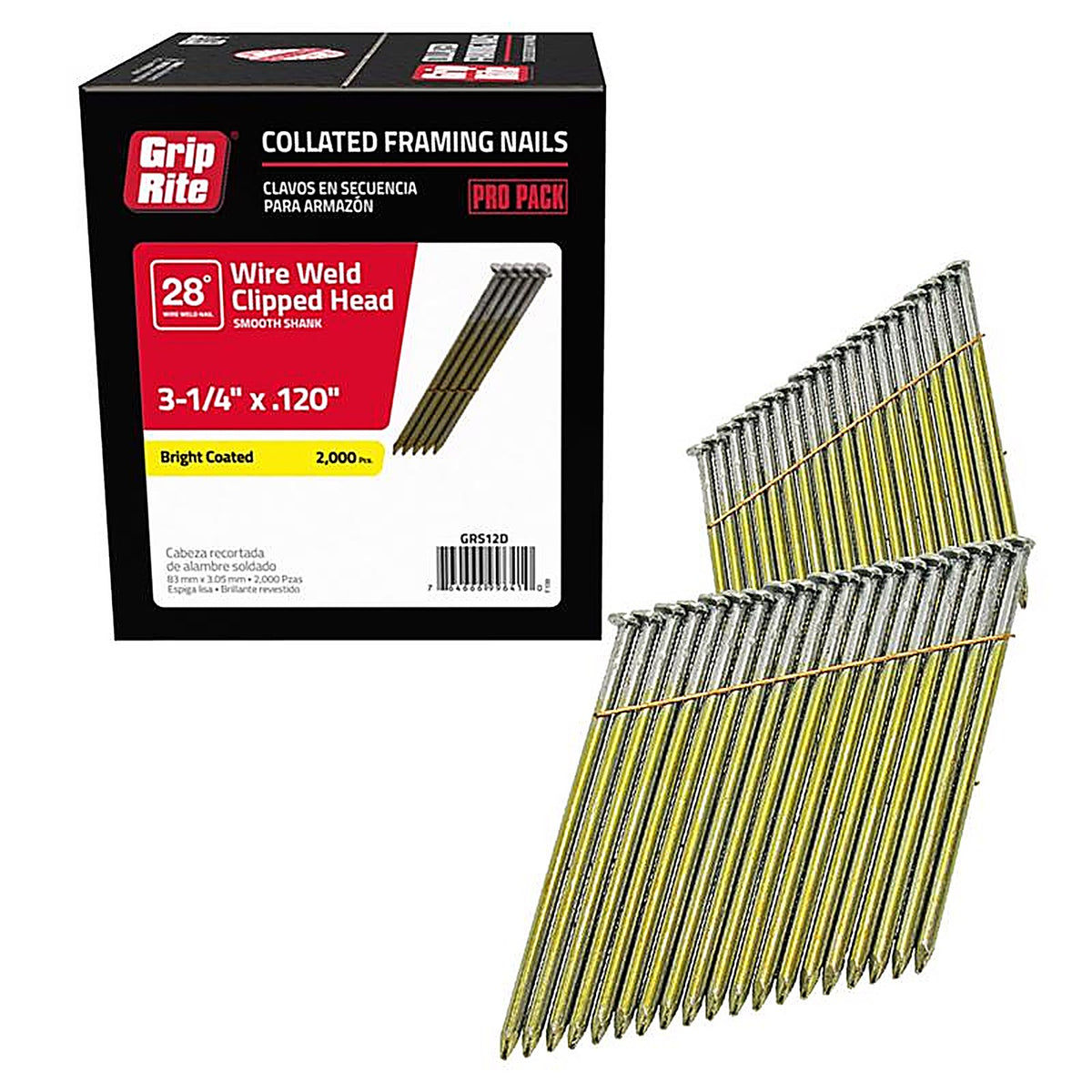 Grip-Rite GRS12D 3-1/4 in. 11 Ga. Angled Strip Framing Nails 28 deg. Smooth Shank 2000/Pack