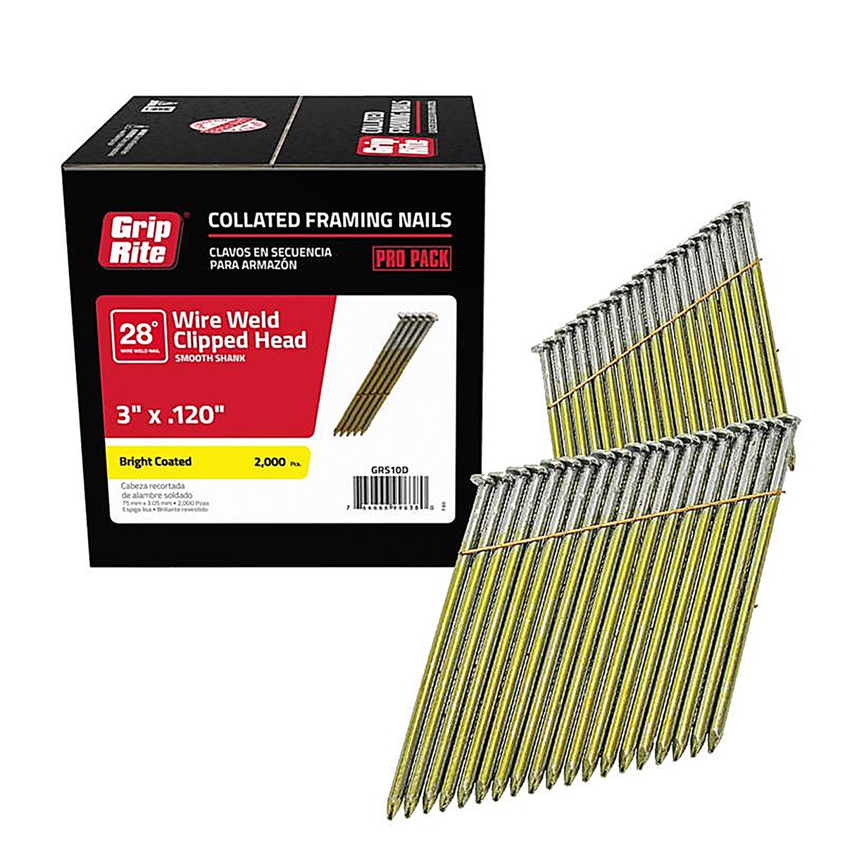 Grip-Rite GRS10D 3 in. 11 Ga. Angled Strip Framing Nails 28 deg. Smooth Shank 2000/Pack