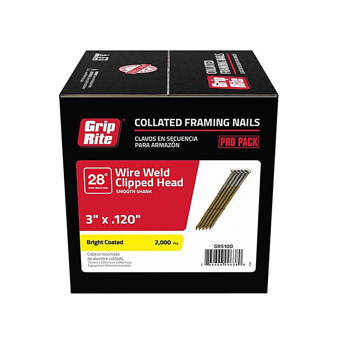 Grip-Rite GRS10D 3 in. 11 Ga. Angled Strip Framing Nails 28 deg. Smooth Shank 2000/Pack