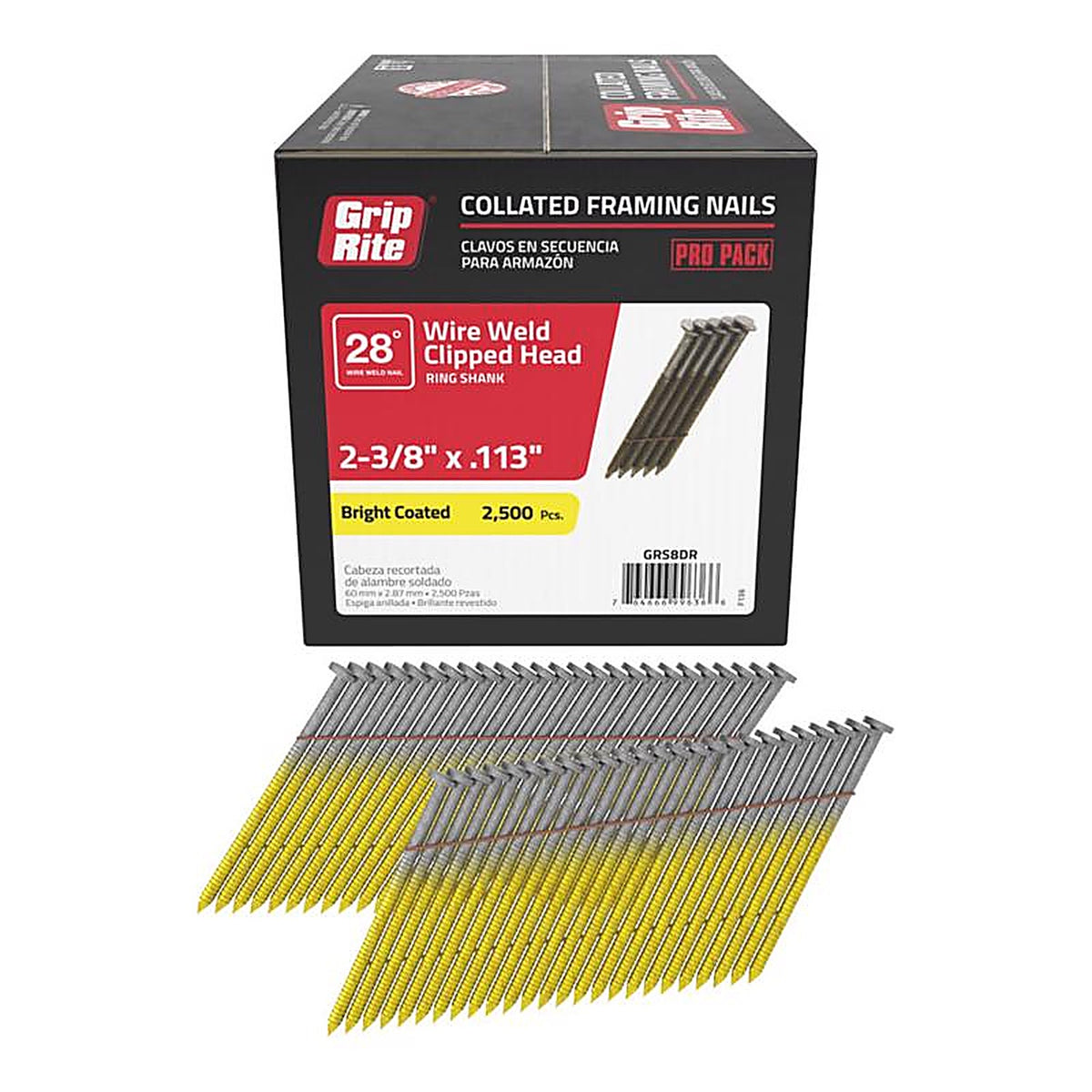 Grip-Rite GRS8DR 2-3/8 in. 11-1/2 Ga. Angled Strip Framing Nails 28 deg. Ring Shank 2500/Pack