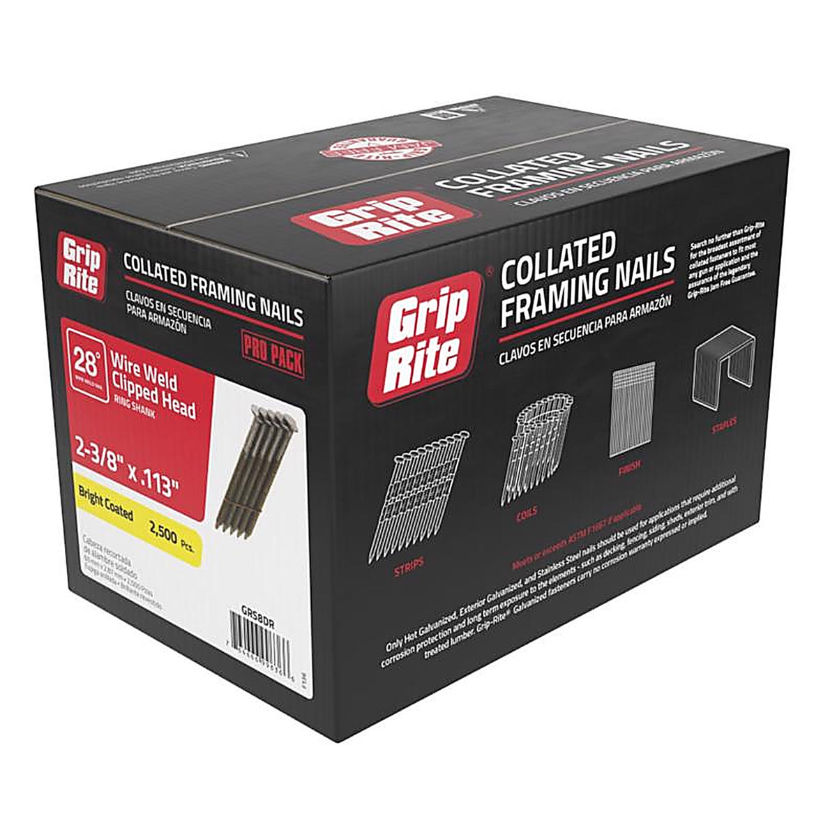 Grip-Rite GRS8DR 2-3/8 in. 11-1/2 Ga. Angled Strip Framing Nails 28 deg. Ring Shank 2500/Pack
