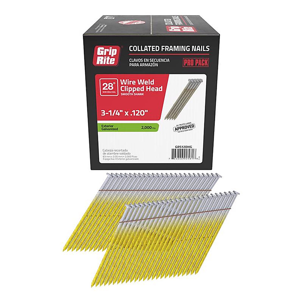 Grip-Rite GRS12DHG 3-1/4 in. 11 Ga. Angled Strip Framing Nails 28 deg. Smooth Shank 2000/Pack