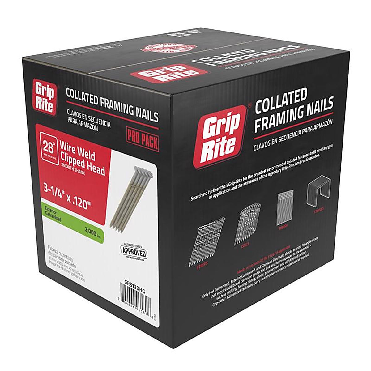 Grip-Rite GRS12DHG 3-1/4 in. 11 Ga. Angled Strip Framing Nails 28 deg. Smooth Shank 2000/Pack