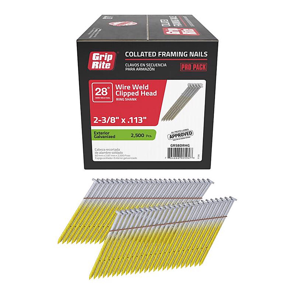 Grip-Rite GRS8DRHG 2-3/8 in. 11-1/2 Ga. Angled Strip Framing Nails 28 deg. Ring Shank 2500/Pack