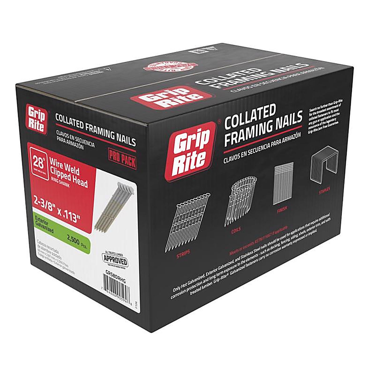 Grip-Rite GRS8DRHG 2-3/8 in. 11-1/2 Ga. Angled Strip Framing Nails 28 deg. Ring Shank 2500/Pack