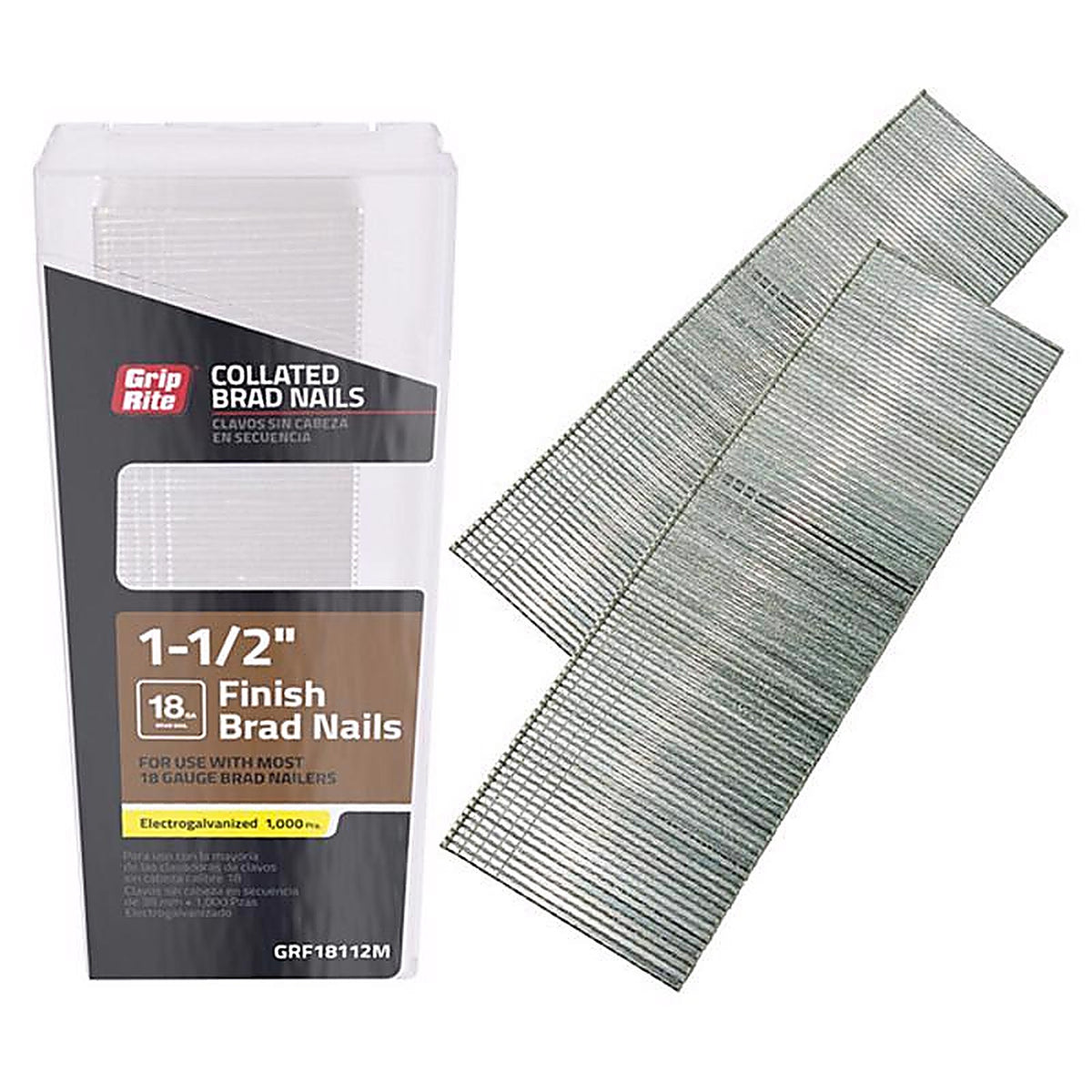 Grip-Rite GRF18112M 1-1/2 in. 18 Ga. Straight Strip Brad Nails Smooth Shank 1000/Pack