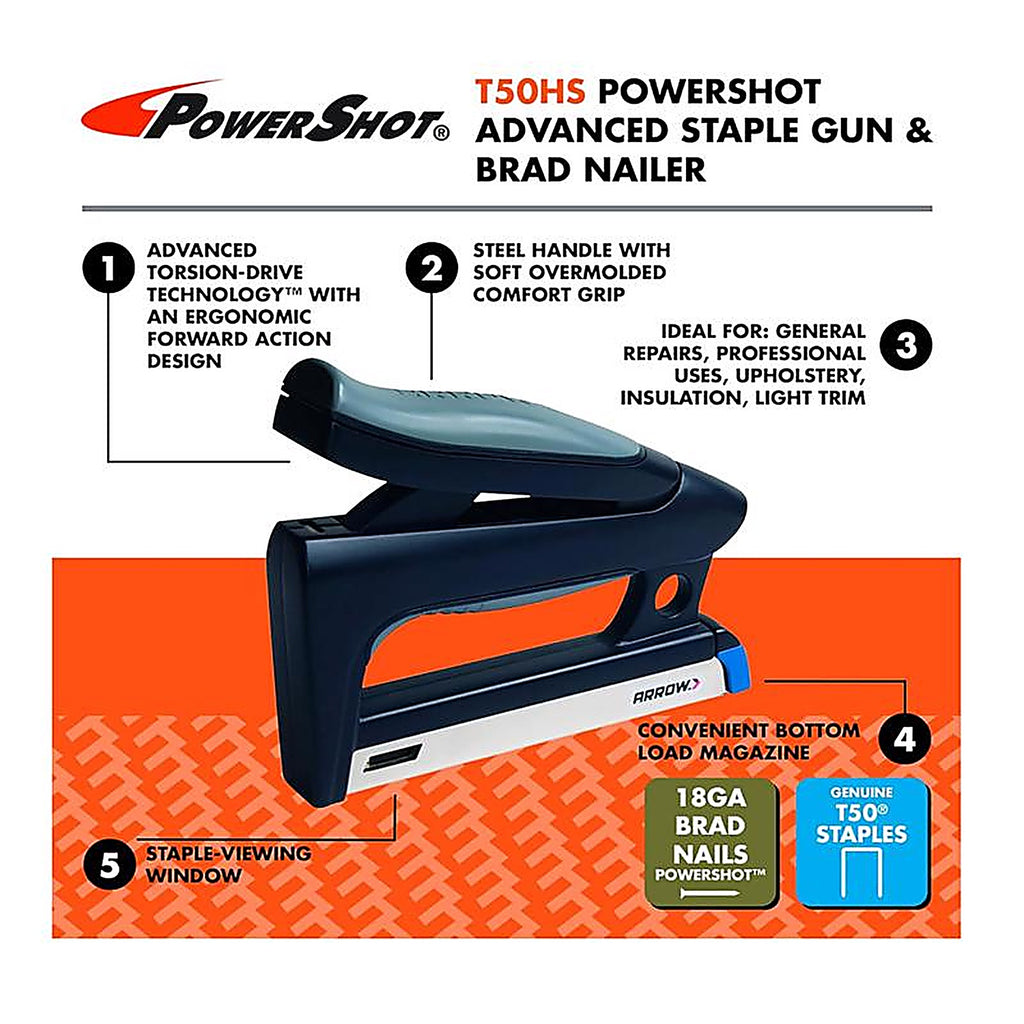 Arrow Fastener T50HS PowerShot Advanced Forward Action Flat Staple Gun Black