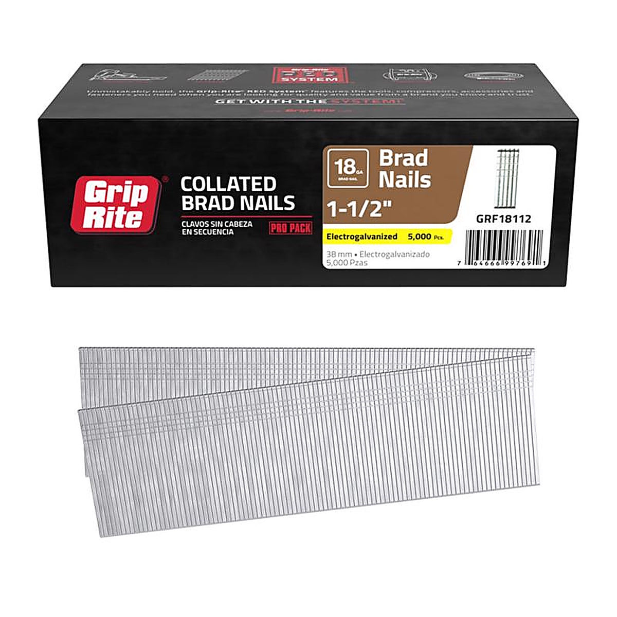 Grip-Rite GRF18112 1-1/2 in. 18 Ga. Straight Strip Brad Nails Smooth Shank 5000/Pack