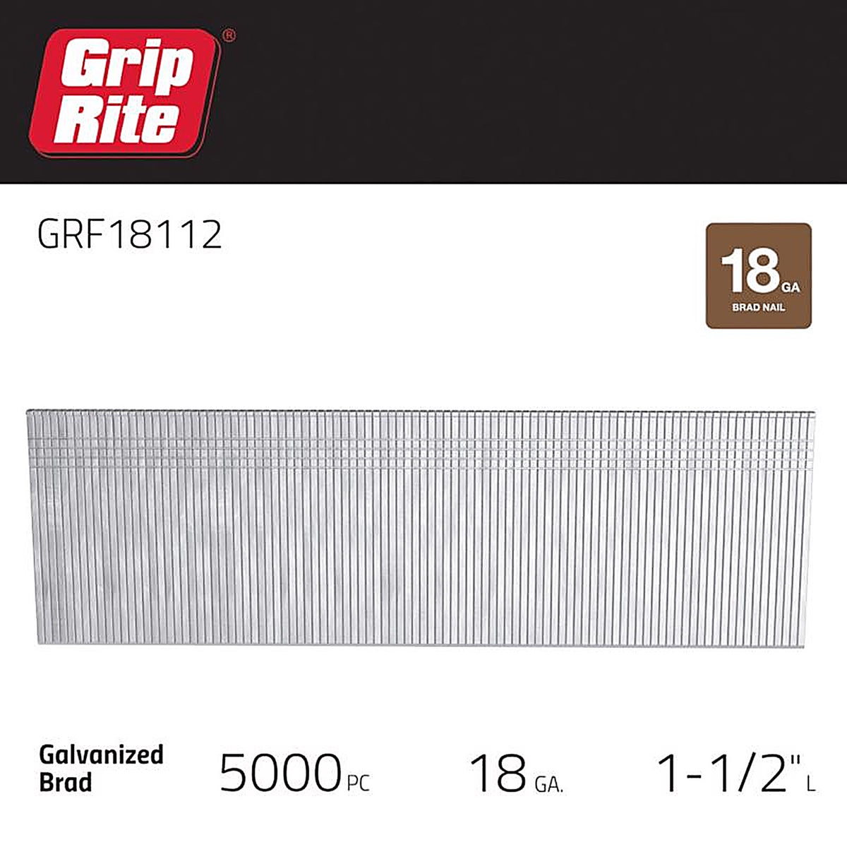 Grip-Rite GRF18112 1-1/2 in. 18 Ga. Straight Strip Brad Nails Smooth Shank 5000/Pack