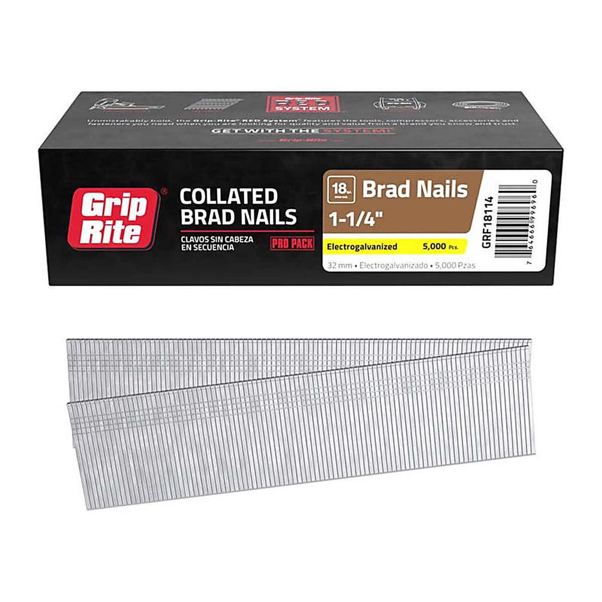 Grip-Rite GRF18114 1-1/4 in. 18 Ga. Straight Strip Brad Nails Smooth Shank 5000/Pack