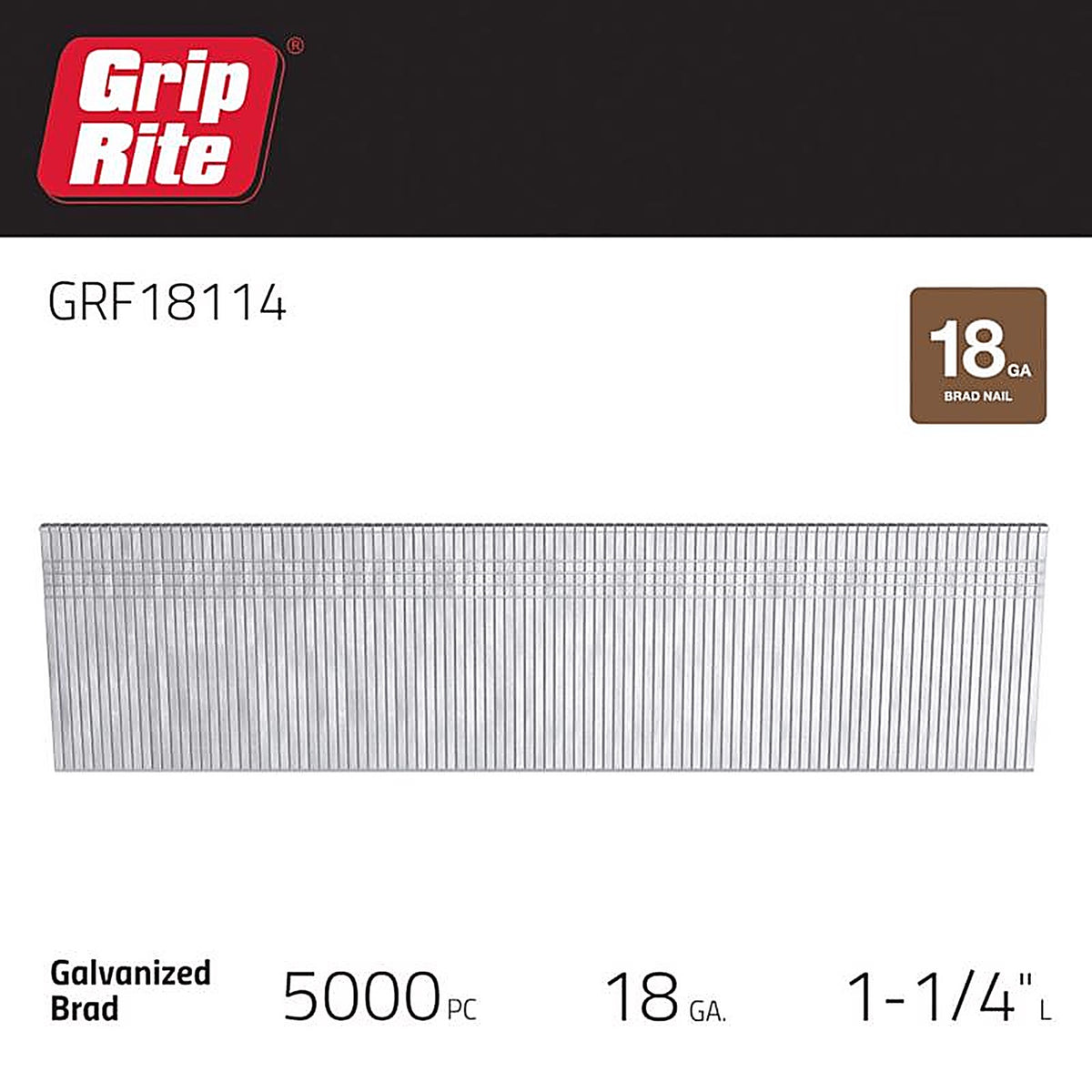 Grip-Rite GRF18114 1-1/4 in. 18 Ga. Straight Strip Brad Nails Smooth Shank 5000/Pack