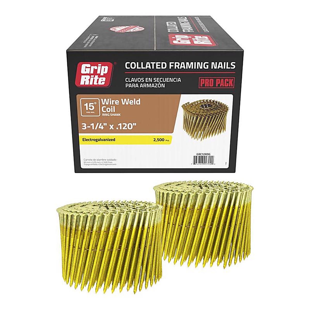 Grip-Rite GRC12RDG 3-1/4 in. 11 Ga. Angled Coil Framing Nails 15 deg. Ring Shank 2500/Pack