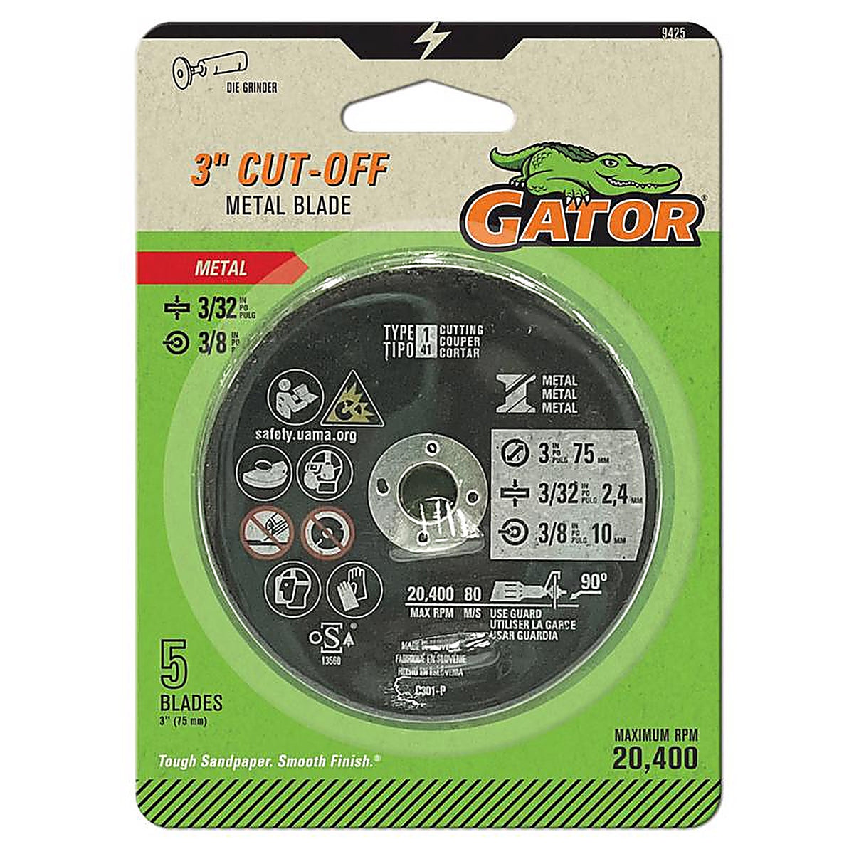 Gator 9425 3 in. Dia. x 3/8 in. Aluminum Oxide Metal Cut-Off Blade 5/pc.