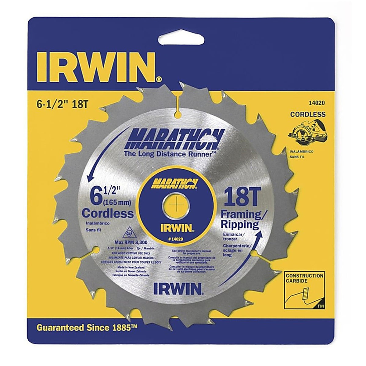 Irwin 14020 Marathon 6-1/2 in. Dia. x 5/8 in. Classic Carbide Circular Saw Blade 18 teeth 1/Pack