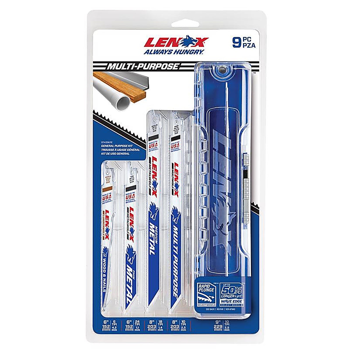 Lenox 121439KPE Assorted in. Bi-Metal Reciprocating Saw Blade Set Multi TPI 9/Pack