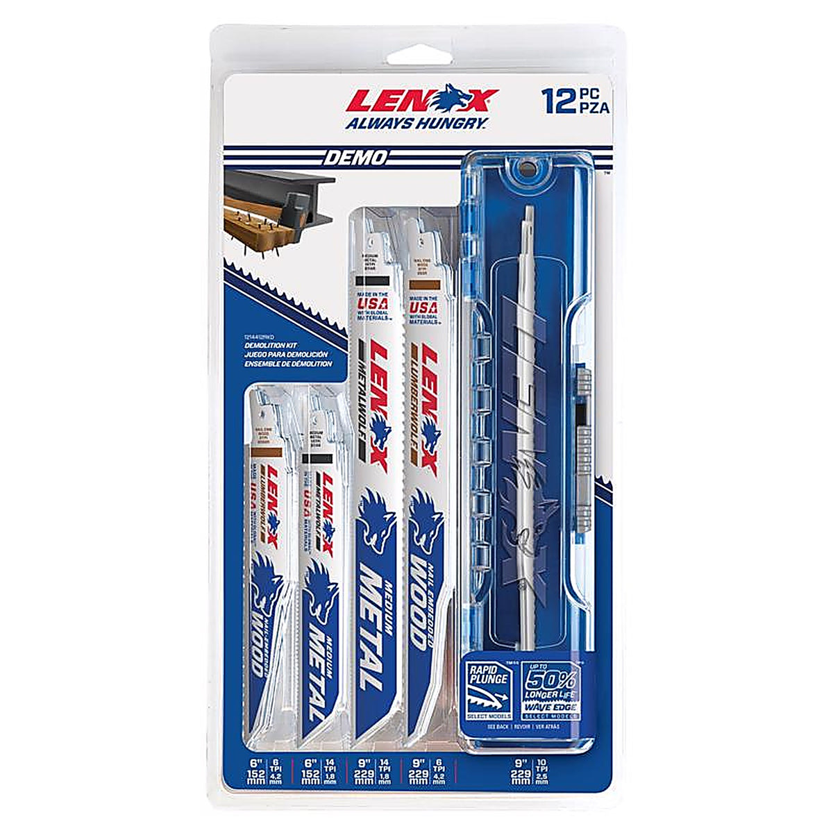 Lenox 1214412RKD Assorted in. Bi-Metal Reciprocating Saw Blade Set Multi TPI 12/Pack