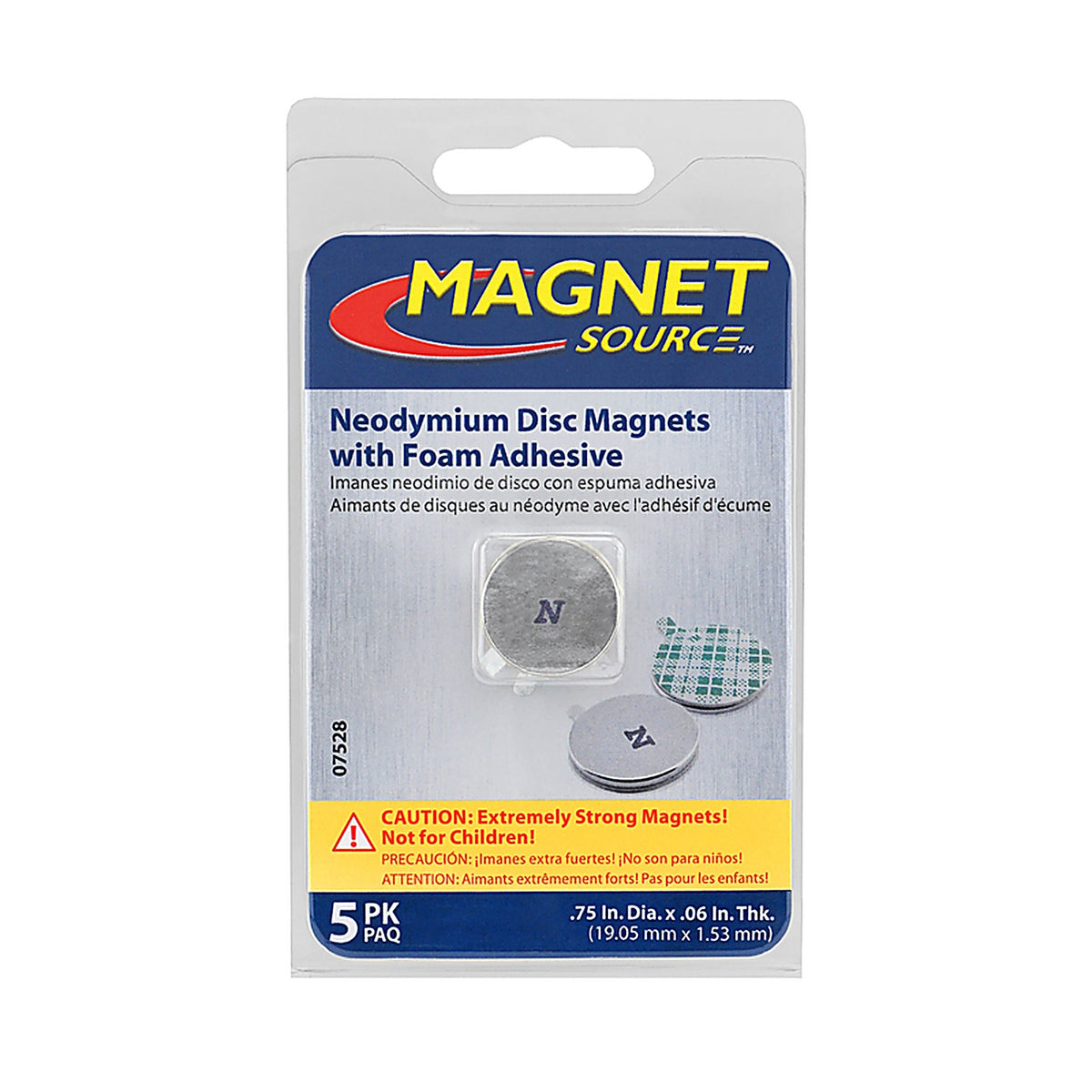 Master Magnetics 7528 0.75 in. Neodymium Disc Magnets with Adhesive 3.91 lb. pull Silver 5/pc.