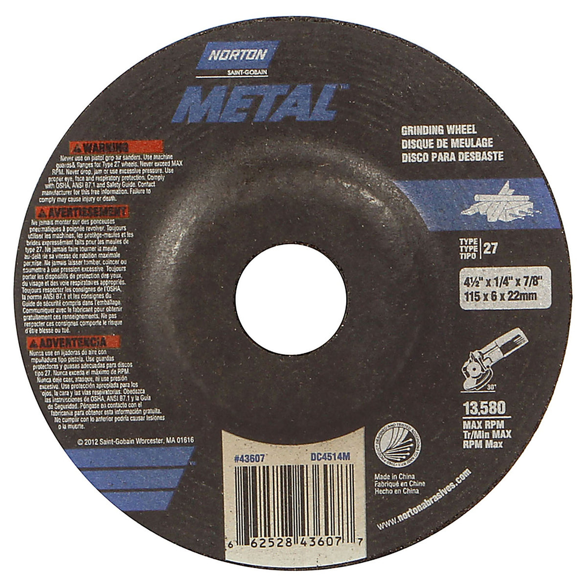 Norton 66252843607 4-1/2 in. Dia. x 1/4 in. thick x 7/8 in. Grinding Wheel 1/pc.