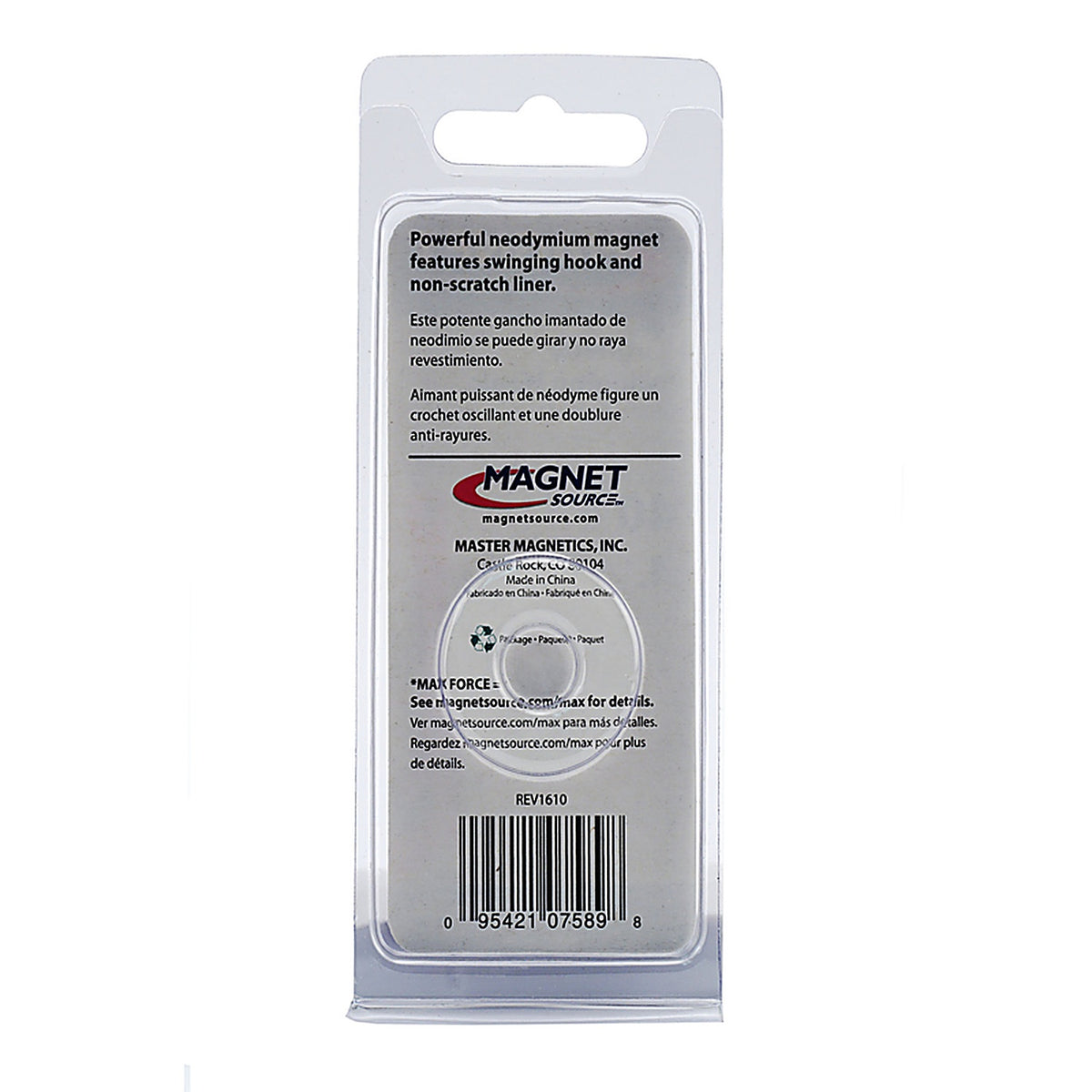 Master Magnetics 7589 .225 in. Neodymium Magnetic Hook 40 lb. pull 35 MGOe Silver 1/pc.