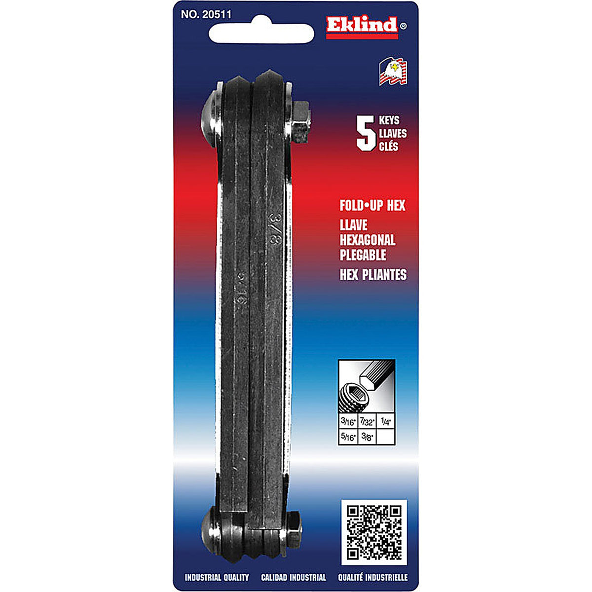Eklind Tool 20511 3/16" to 3/8" SAE Fold-Up Hex Key Set Multi-Size in. 5/pc.