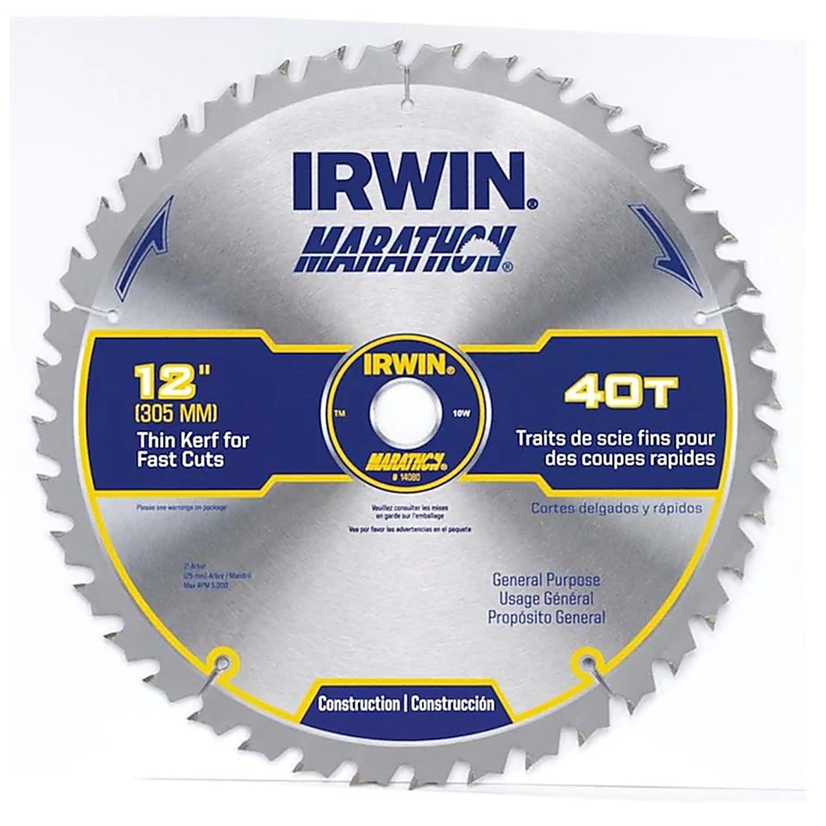 Irwin 14080 Marathon 12 in. Dia. x 1 in. Carbide Miter and Table Saw Blade 40 teeth 1/Pack