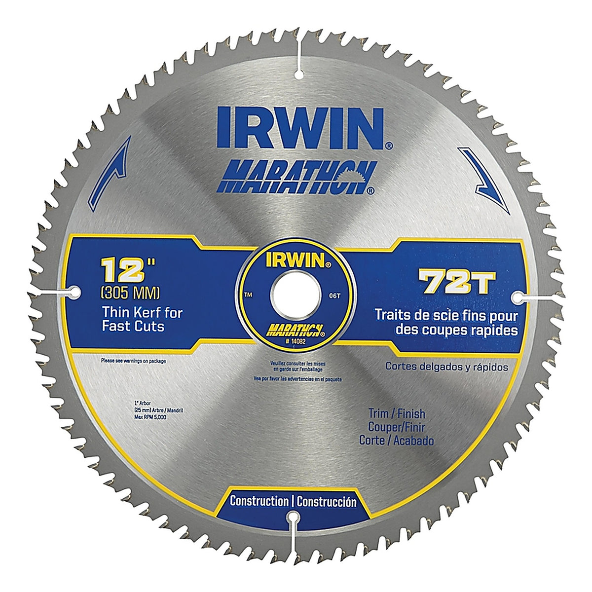 Irwin 14082 Marathon 12 in. Dia. x 1 in. Carbide Miter and Table Saw Blade 72 teeth 1/Pack