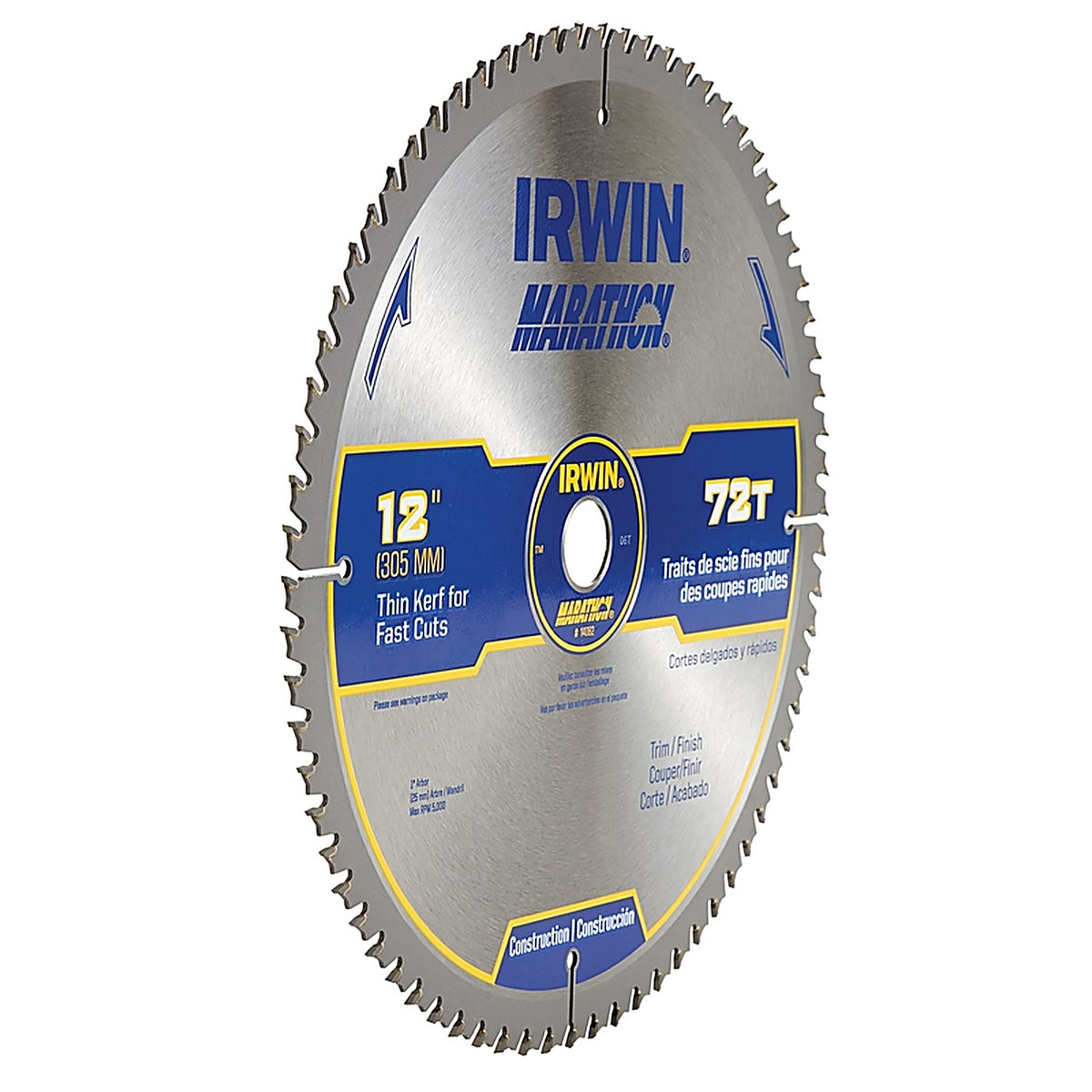 Irwin 14082 Marathon 12 in. Dia. x 1 in. Carbide Miter and Table Saw Blade 72 teeth 1/Pack