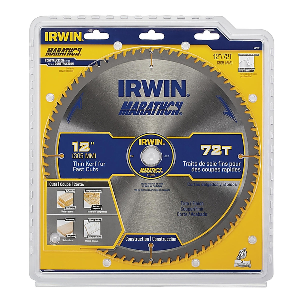Irwin 14082 Marathon 12 in. Dia. x 1 in. Carbide Miter and Table Saw Blade 72 teeth 1/Pack