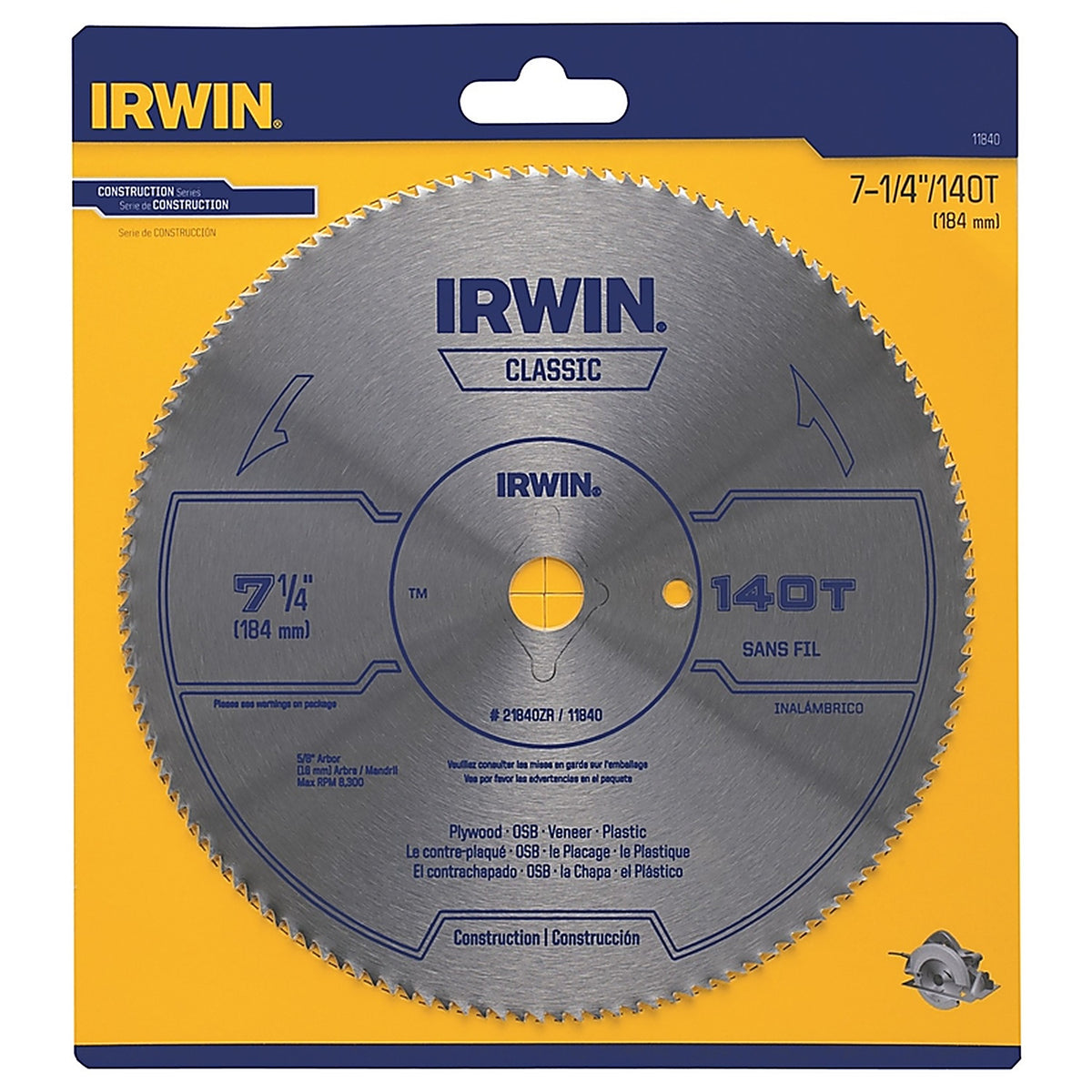 Irwin 11840 7-1/4 in. Dia. x 5/8 in. Classic Steel Circular Saw Blade 140 teeth 1/Pack