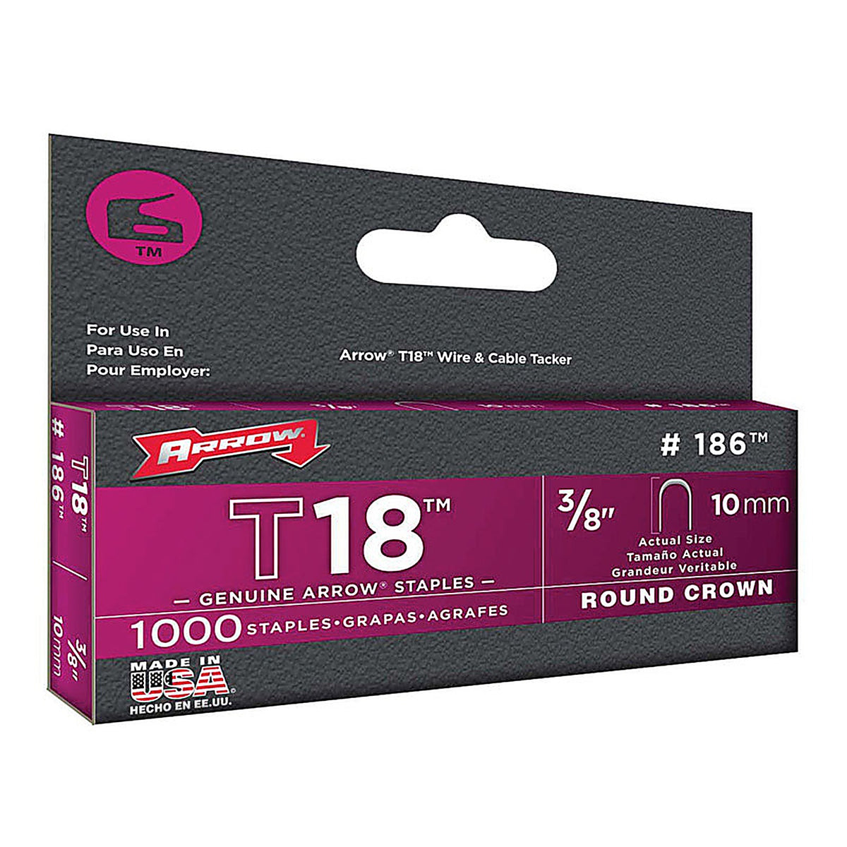 Arrow Fastener 186 T18 3/16 in. W x 3/8 in. L 18 Ga. Round Crown Wire Staples 1000/Pack