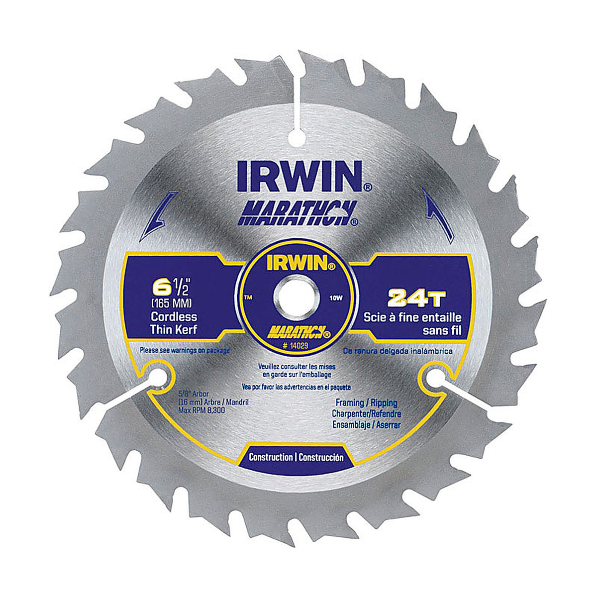 Irwin 14029 Marathon 6-1/2 in. Dia. x 5/8 in. Carbide Circular Saw Blade 24 teeth 1/Pack
