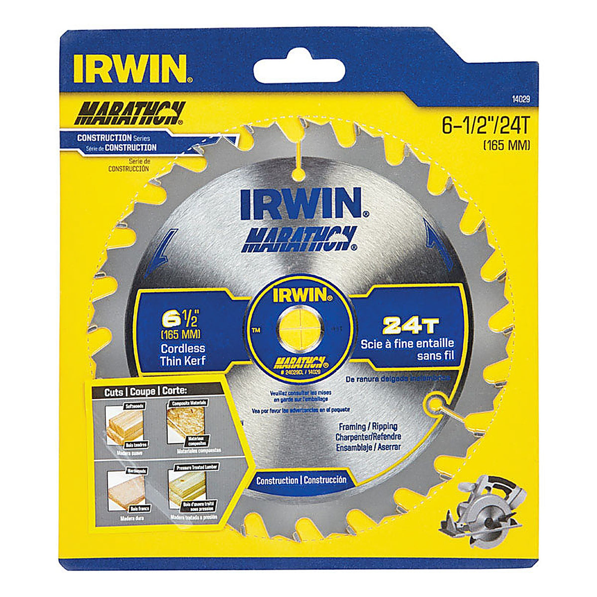 Irwin 14029 Marathon 6-1/2 in. Dia. x 5/8 in. Carbide Circular Saw Blade 24 teeth 1/Pack
