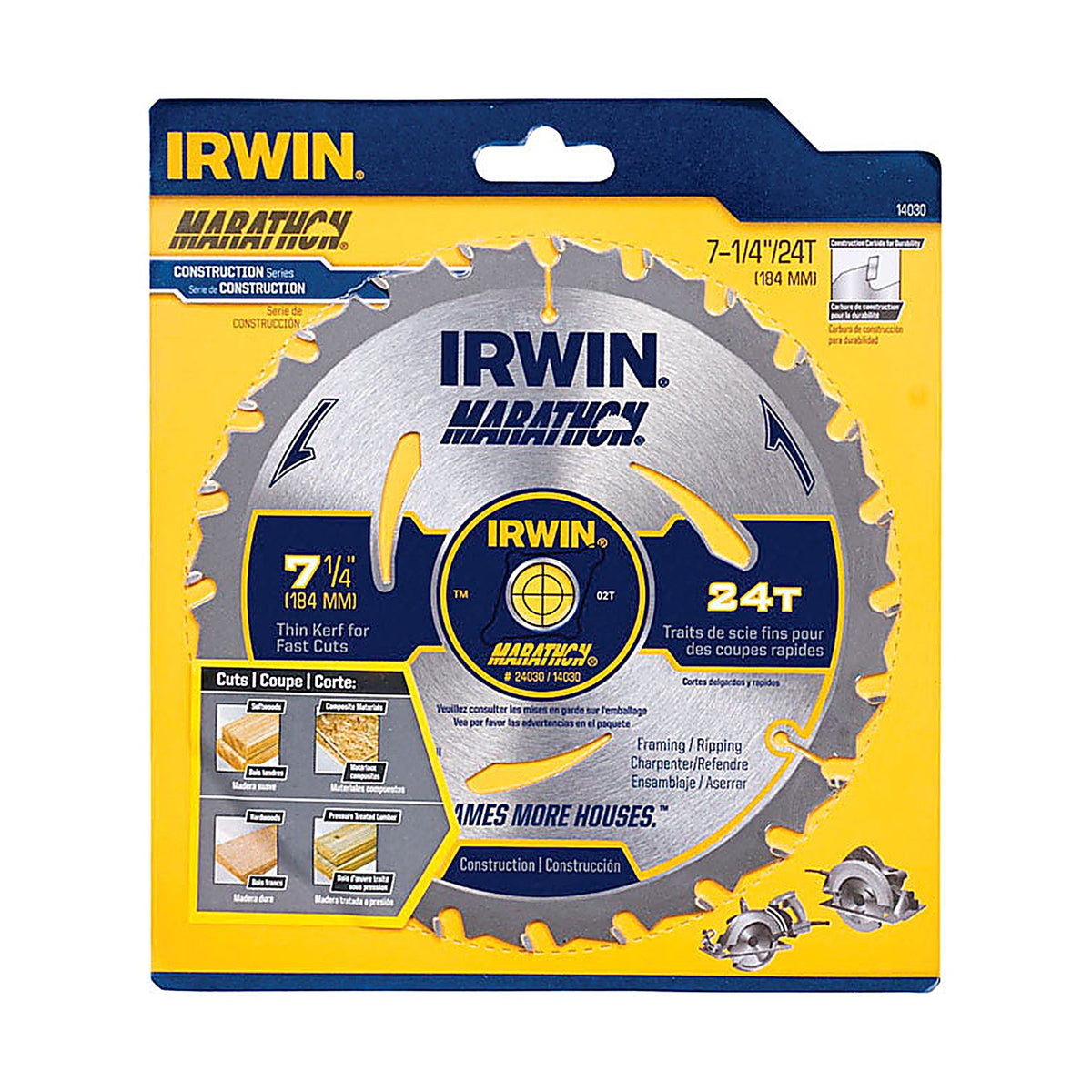 Irwin 14030 Marathon 7-1/4 in. Dia. x 5/8 in. Carbide Circular Saw Blade 24 teeth 1/Pack